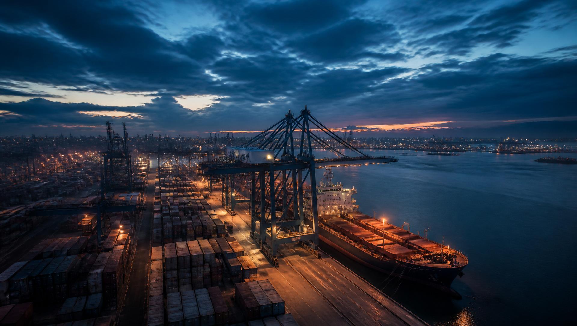 Terminal portuário industrial ao anoitecer